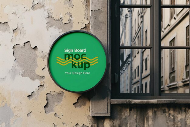 Round signage mockup op de muur van het gebouw