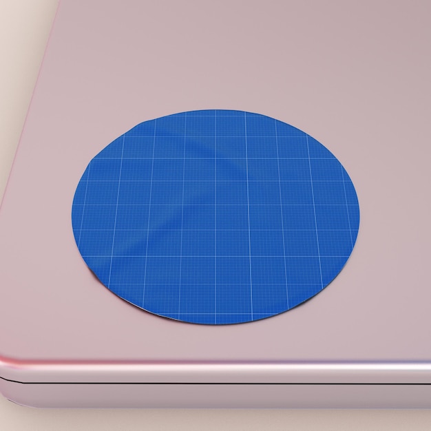 Round sticker on laptop psd mockup with customizable design
