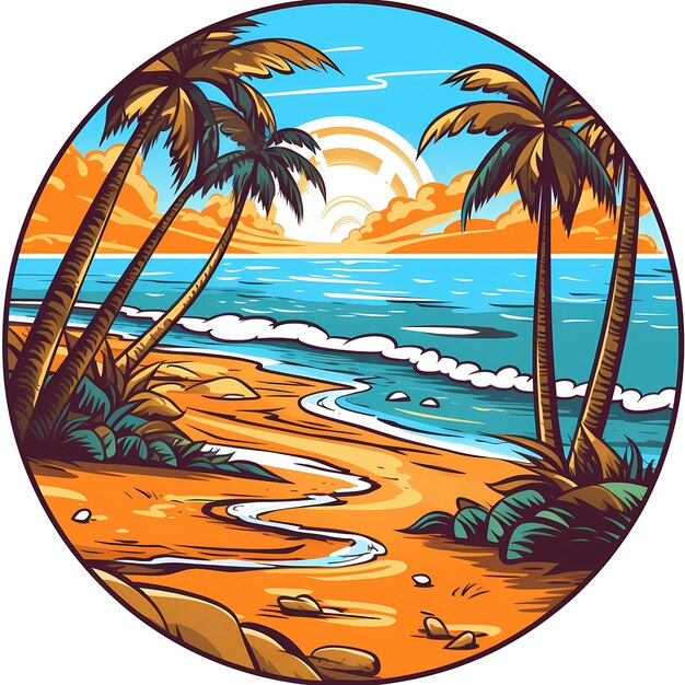 Round sticker of a sunset beach