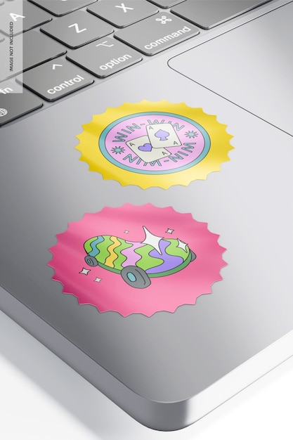 PSD round stickers on macbook mockup, left view