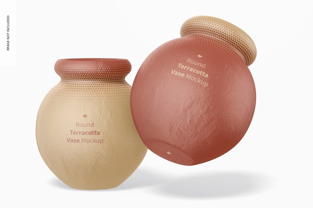 Round terracotta vases mockup, falling