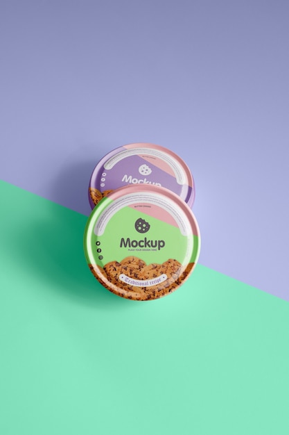 PSD mock-up di scatole di biscotti rotonde in latta