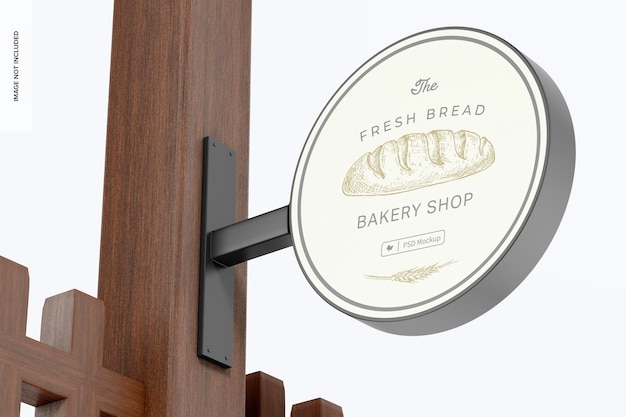 PSD round wall sign mockup, low angle view