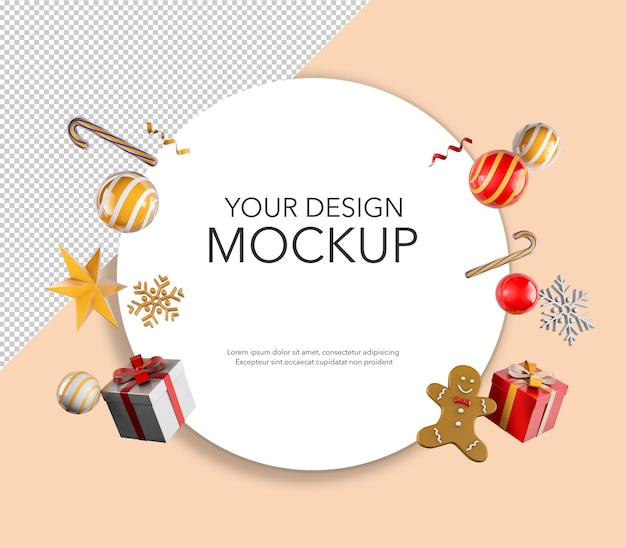 PSD round white card with gifts and christmas decorations, mockup