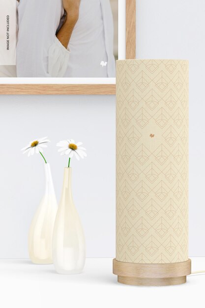 Round Wooden Table Lamp with Flower Vase Mockup