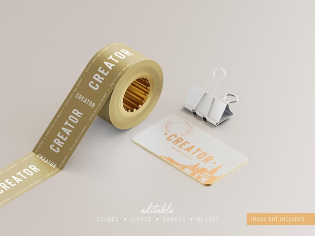 Rounded corner business card mockup with duct tape and paper clip perspective view