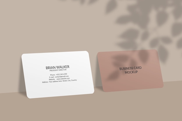 Rounded corner business card mockup with leaf shadow