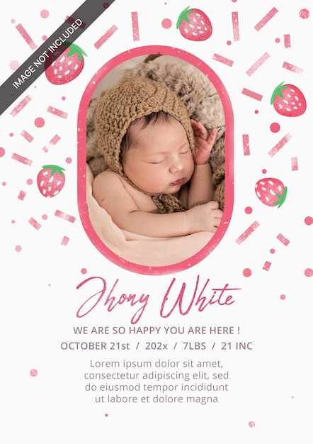 PSD rounded photo frame with strawberry clipart new baby announcement template