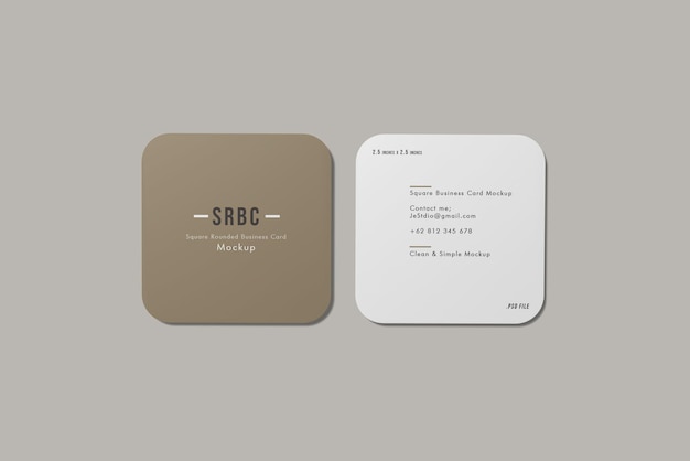 PSD rounded square business card mockup top angle view