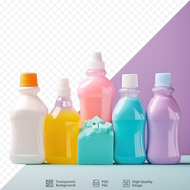 PSD su uno sfondo bianco è mostrata una fila di bottiglie di diversi colori.