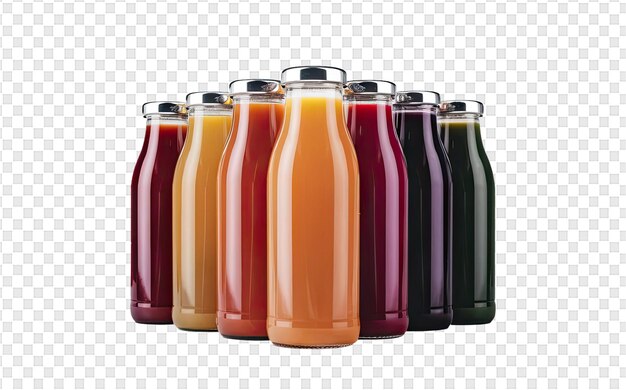 A row of bottles of juice with different colors