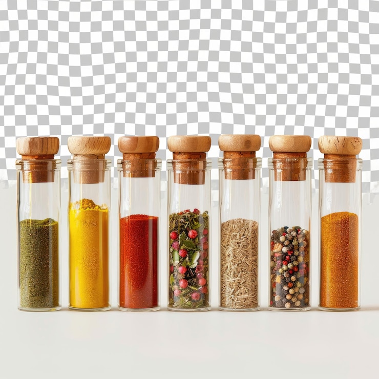PSD a row of bottles with different spices and spices on them