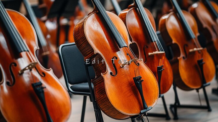 PSD row of cellos on stands ready for orchestra
