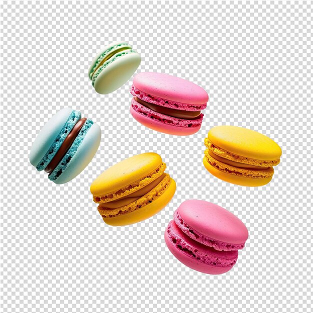 A row of colorful macarons with pink and blue on it