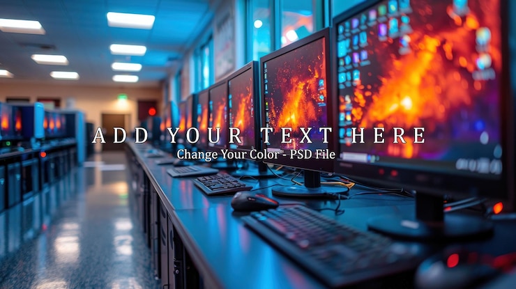 PSD row of computers with bright red and orange desktop backgrounds