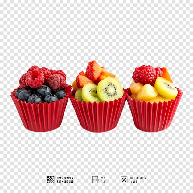 a row of cupcakes with fruit on them