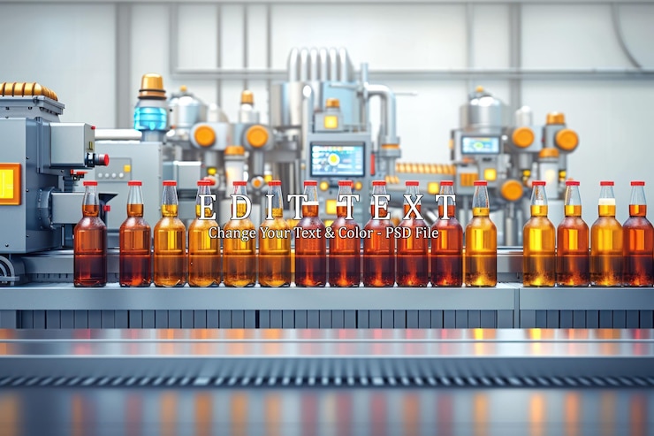 PSD a row of glass bottles filled with a golden liquid on a production line in a modern factory