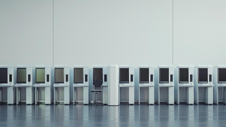 PSD row of identical white computer workstations in a modern minimalist room
