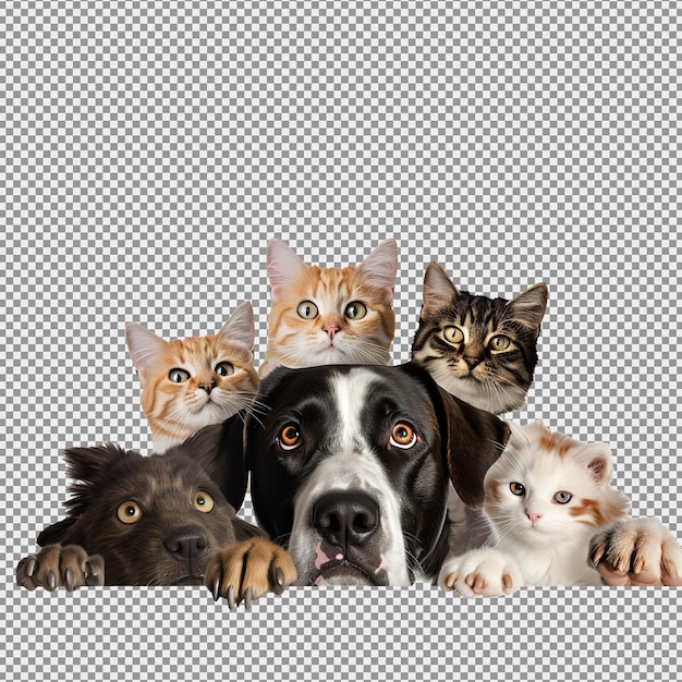 PSD row of the tops of heads of cats and dogs with paws up peeking over a blank white sign