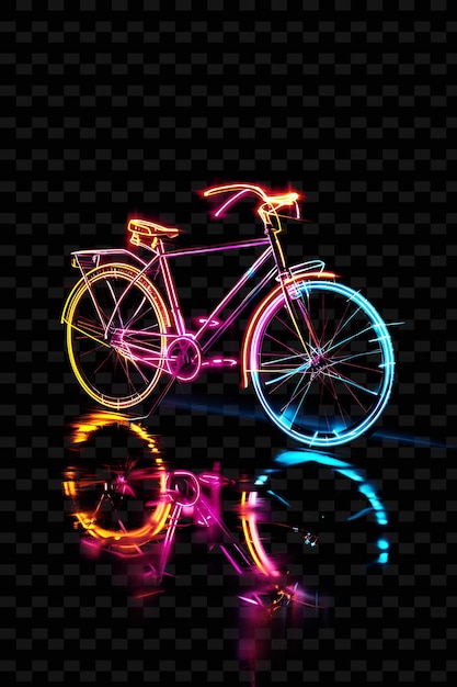 PSD rower neonowy z neonowymi światłami i odbiciem roweru w wodzie