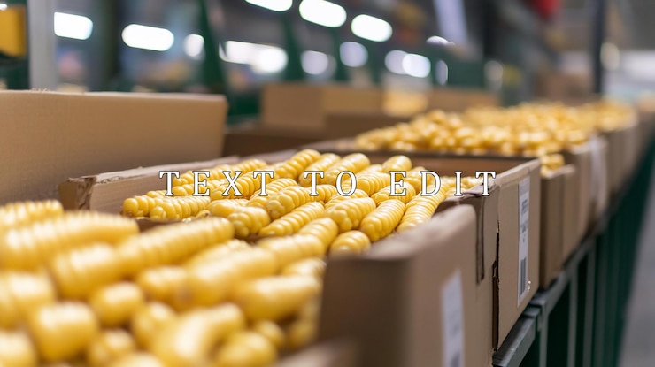 PSD rows of cardboard boxes filled with yellow spiralshaped pasta in a warehouse setting