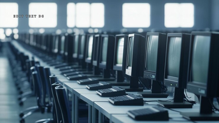 PSD rows of vintage computers in a bright spacious room