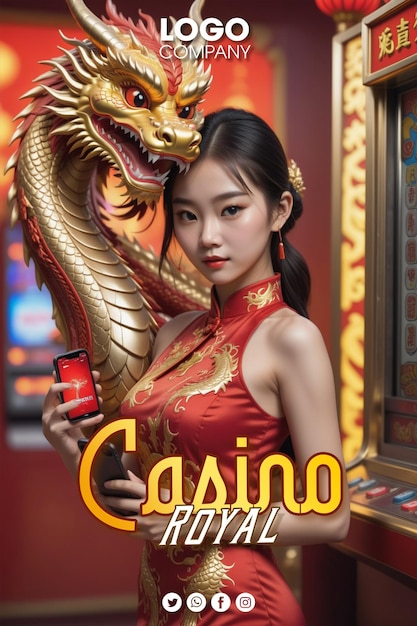 PSD design del casinò reale con un personaggio femminile asiatico su uno sfondo rosso