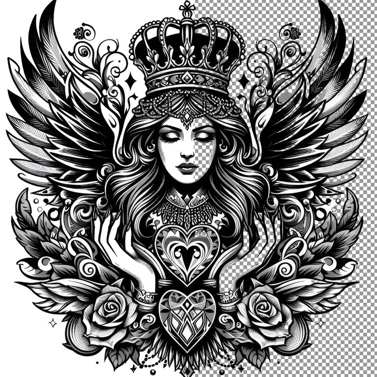 PSD royal ink elegance vector queen tattoo design op een doorzichtige achtergrond