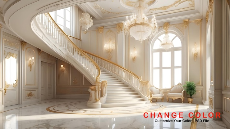 PSD royal luxury entrance hall with staircase interior design beige and white color interior design