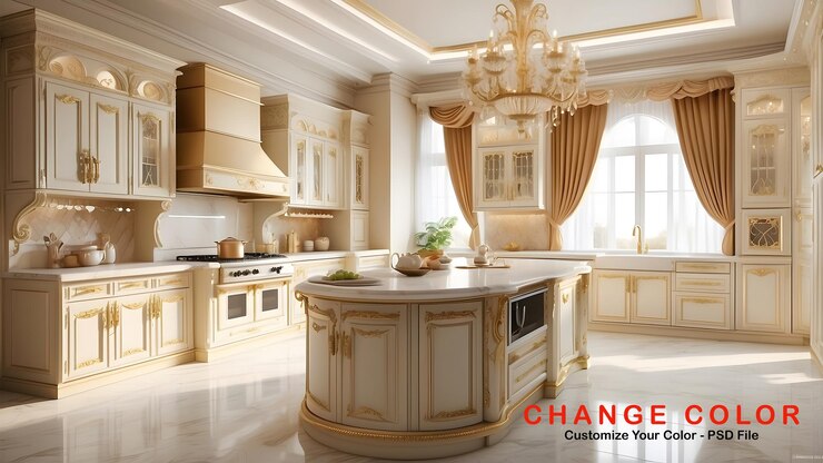 PSD royal luxury kitchen interior design beige and white color interior design luxurious kitchen