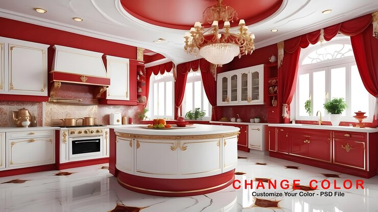 PSD royal luxury kitchen interior design red and white color interior design luxurious kitchen design