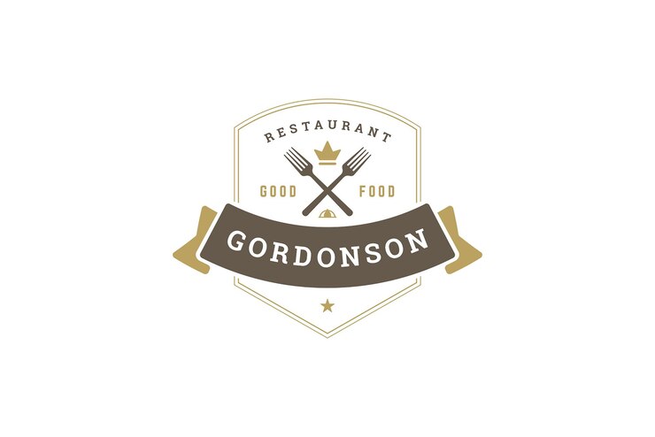 PSD 크로스 포크와 리본이 있는 로열 레스토랑 프리미엄 빈티지 로고 디자인 템플릿