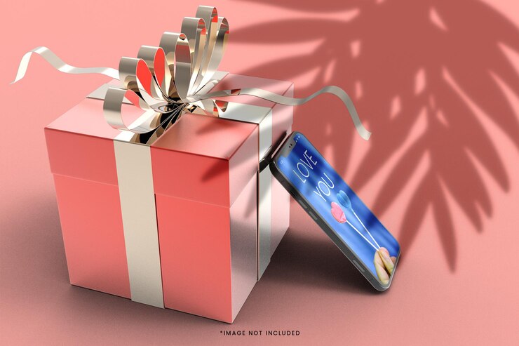 Roze 3d geschenkdoos met smartphone mockup