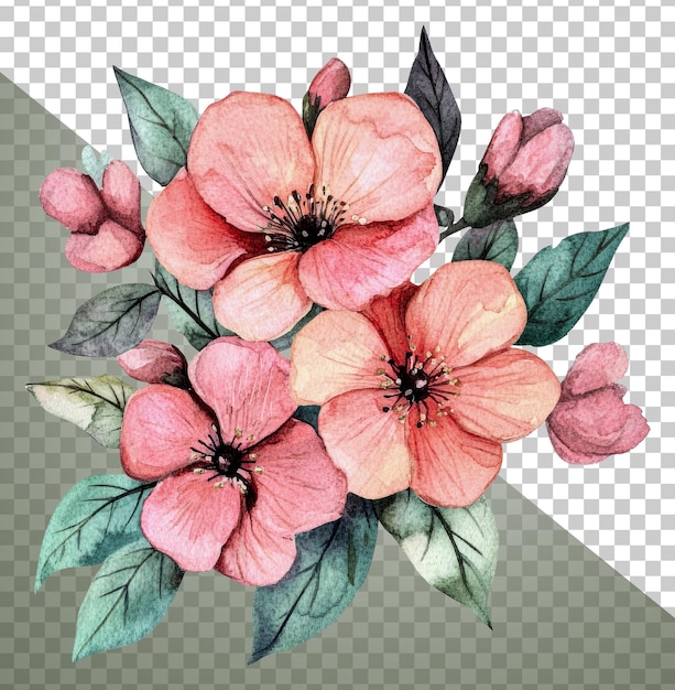 Roze bloemen en groen in waterverf uit gesneden stock png