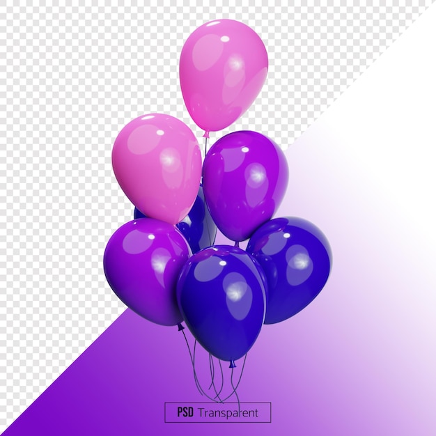 PSD roze en paarse helium ballonnen 3d-rendering. stelletje glanzende kleurrijke ballonnen.