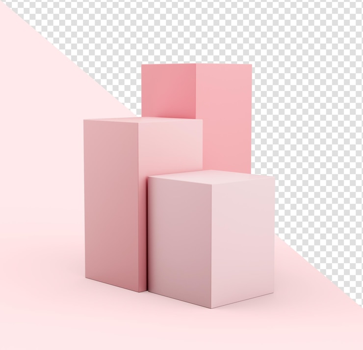 PSD roze geometrische kubussen stands en lege muren realistische 3d illustratie minimalistische blanco
