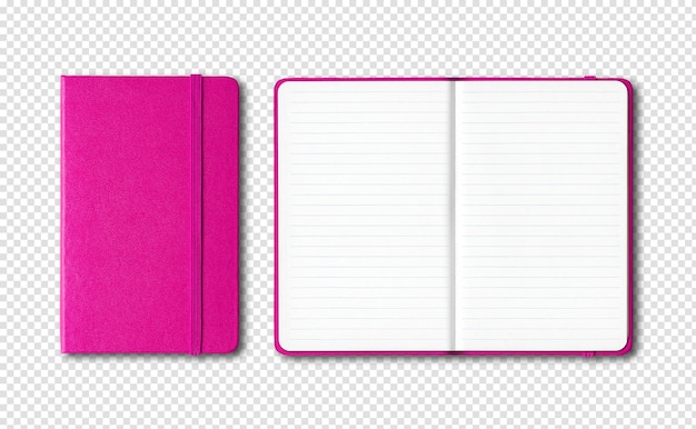 PSD roze gesloten en open gelinieerde notitieboekjes geïsoleerd op transparante achtergrond