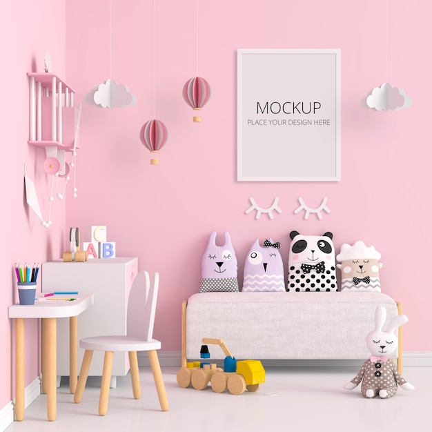 Roze kinderkamer met frame mockup