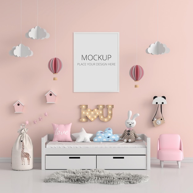 Roze kinderslaapkamer met frame mockup