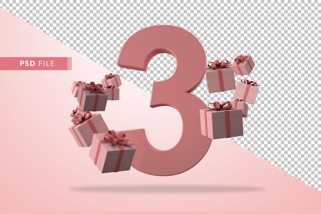 Roze nummer 3 een verjaardagsconcept met geschenkdozen in 3d render