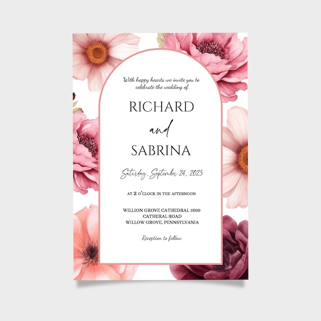 PSD roze schaduw bloemen bruiloft uitnodiging bewerkbare uitnodiging bruiloft uitnodigen instant download