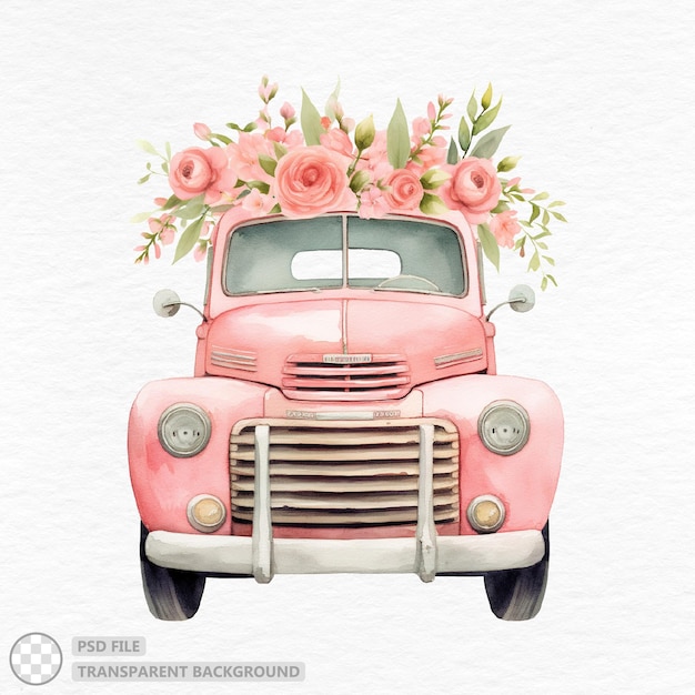 Roze vrachtwagen vol met bloemen