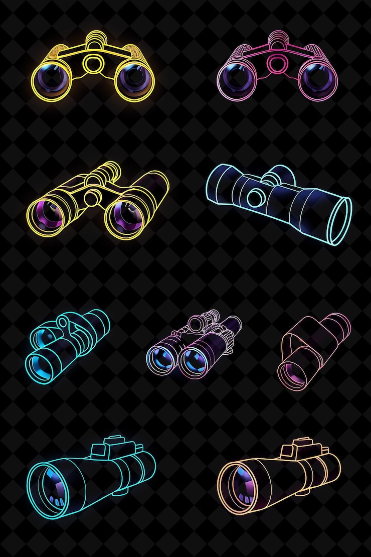 PSD różne ikony binokularne z świecącą aurą i neonowym znakiem l creative set neon color y2k collection