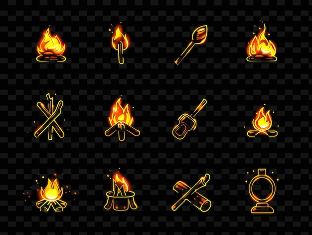 PSD różne ikony ognia obozowego z świecącą aurą i grą arcane set png iconic y2k shape art decorative