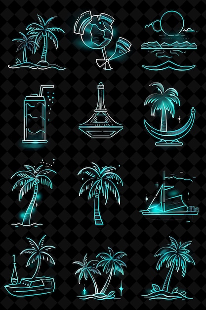 Różne ikony plaży z świecącą aurą i pikselowanym stylem Creative Set Neon Color Y2K Collection