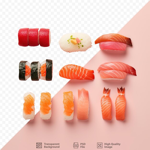 PSD różne rodzaje sushi sashimi i rolki ułożone na przezroczystym tle widziane z góry