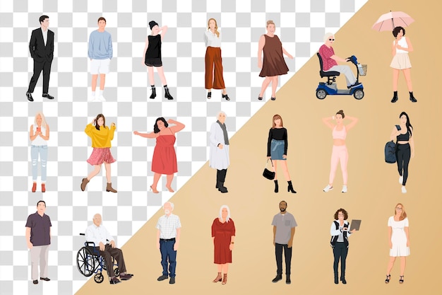 Różnorodne osoby png naklejka ilustracja przezroczysty zestaw tła