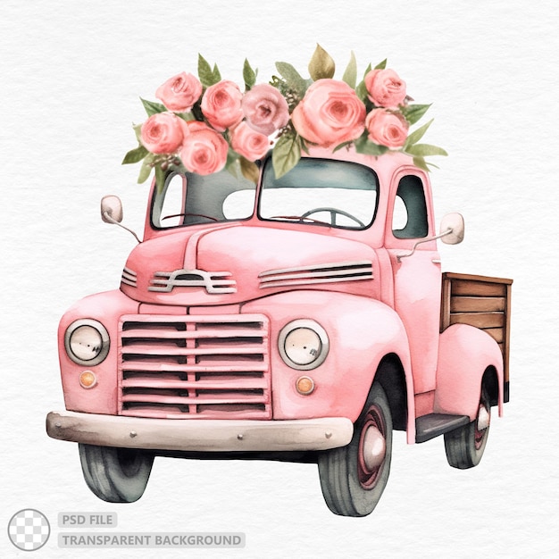 PSD różowa ciężarówka załadowana kwiatami