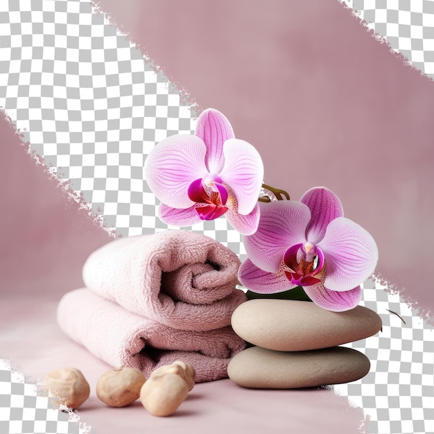 PSD różowa orchidea z kamieniami spa i ręcznikiem