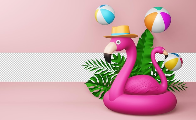 Różowy flaming i piłka plażowa z liśćmi, sezon letni, letni szablon renderowania 3d